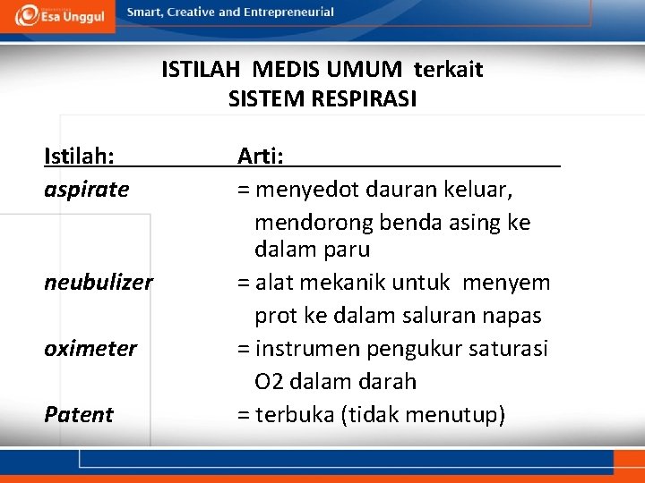 ISTILAH MEDIS UMUM terkait SISTEM RESPIRASI Istilah: aspirate neubulizer oximeter Patent Arti: = menyedot