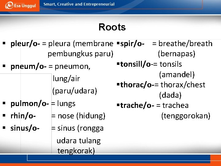 Roots § pleur/o- = pleura (membrane pembungkus paru) § pneum/o- = pneumon, lung/air (paru/udara)