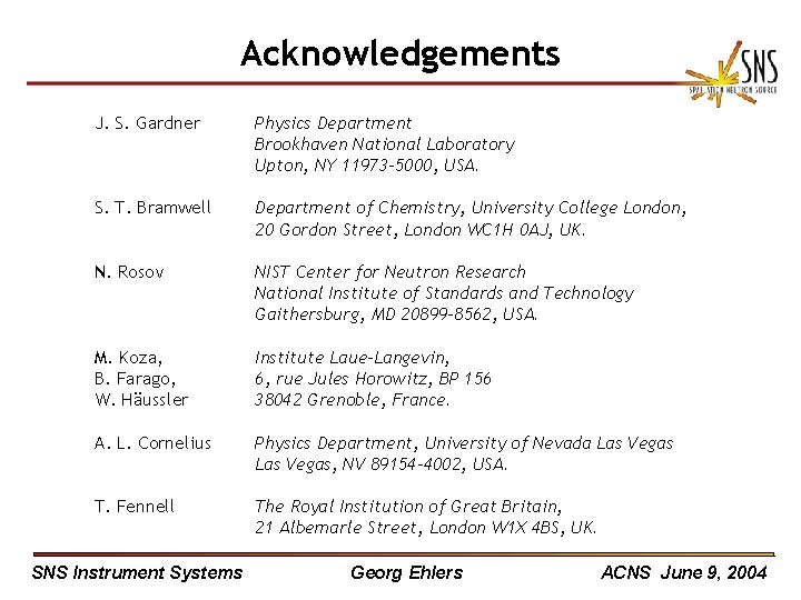 Acknowledgements J. S. Gardner Physics Department Brookhaven National Laboratory Upton, NY 11973 -5000, USA.