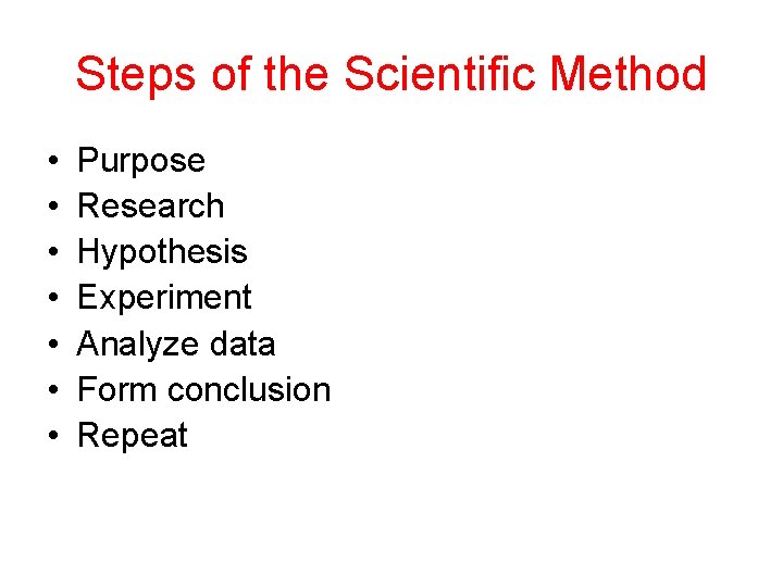 Steps of the Scientific Method • • Purpose Research Hypothesis Experiment Analyze data Form