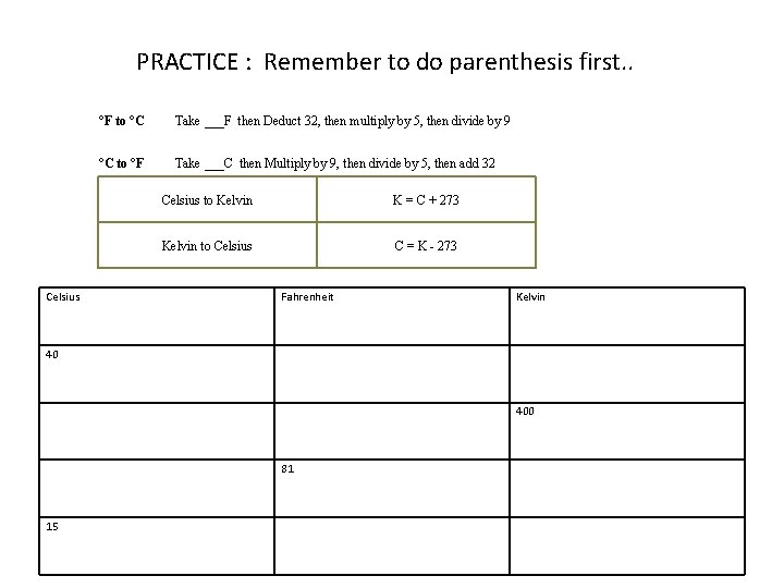 PRACTICE : Remember to do parenthesis first. . Celsius °F to °C Take ___F