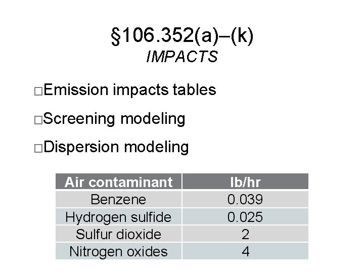 § 106. 352(a)–(k) IMPACTS �Emission impacts tables �Screening �Dispersion modeling Air contaminant Benzene Hydrogen