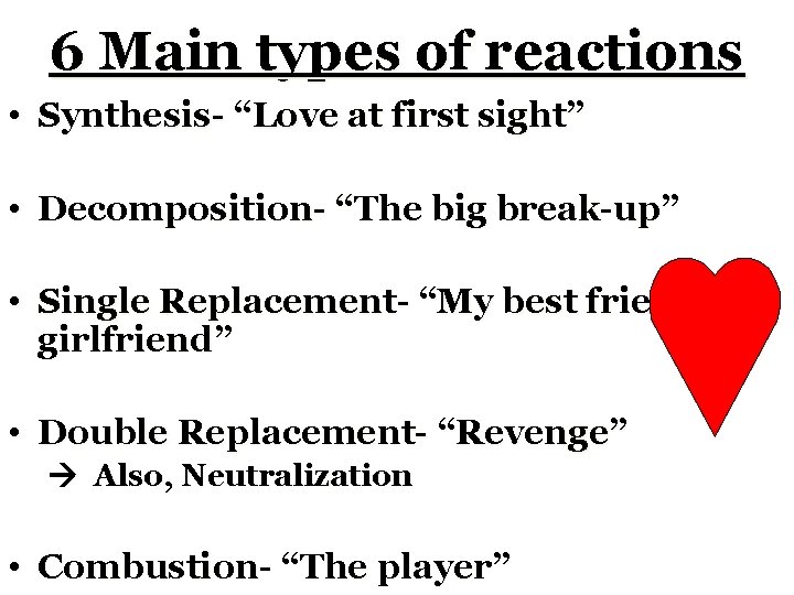 6 Main types of reactions • Synthesis- “Love at first sight” • Decomposition- “The