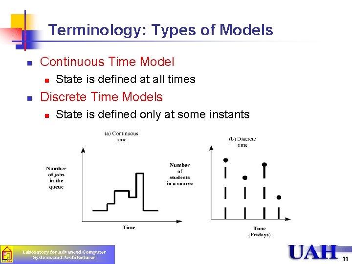 Terminology: Types of Models n Continuous Time Model n n State is defined at