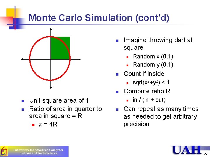 Monte Carlo Simulation (cont’d) n Imagine throwing dart at square n n n Count