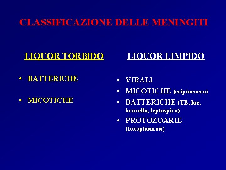 CLASSIFICAZIONE DELLE MENINGITI LIQUOR TORBIDO • BATTERICHE • MICOTICHE LIQUOR LIMPIDO • VIRALI • CLASSIFICAZIONE DELLE MENINGITI LIQUOR TORBIDO • BATTERICHE • MICOTICHE LIQUOR LIMPIDO • VIRALI •