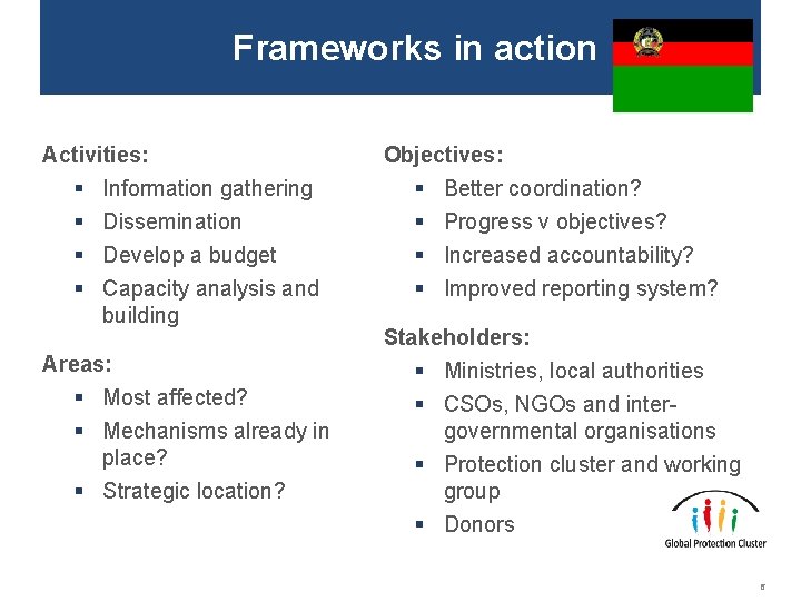 Frameworks in action Activities: § Information gathering § Dissemination § Develop a budget §