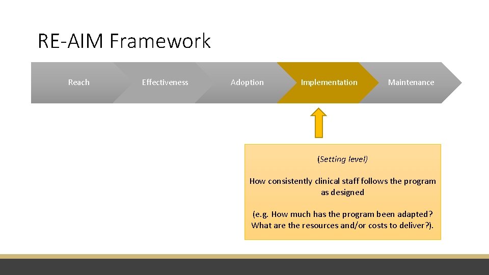 RE-AIM Framework Reach Effectiveness Adoption Implementation Maintenance (Setting level) How consistently clinical staff follows