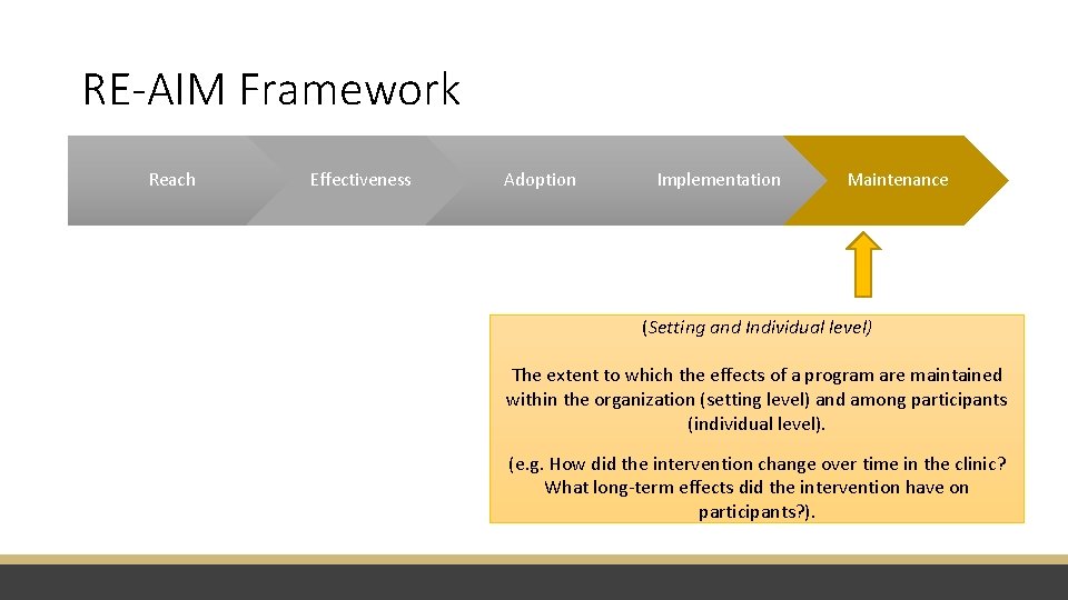 RE-AIM Framework Reach Effectiveness Adoption Implementation Maintenance (Setting and Individual level) The extent to