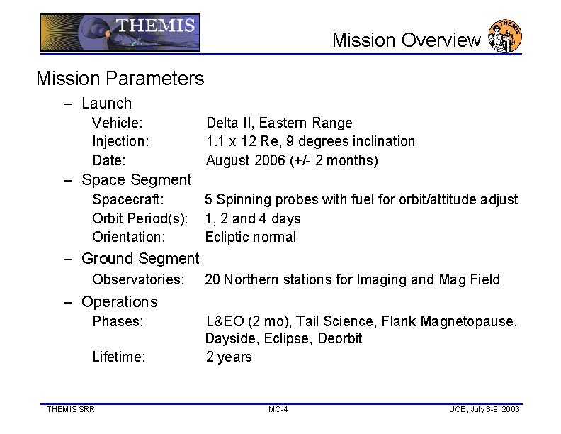 Mission Overview Mission Parameters – Launch Vehicle: Injection: Date: Delta II, Eastern Range 1.