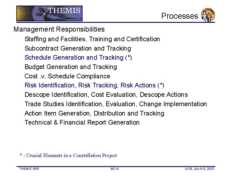 Processes Management Responsibilities Staffing and Facilities, Training and Certification Subcontract Generation and Tracking Schedule