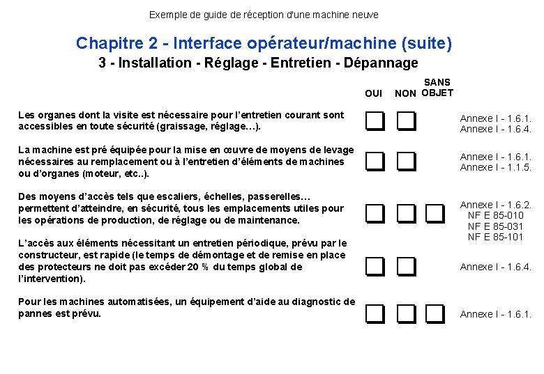 Exemple de guide de réception d'une machine neuve Chapitre 2 - Interface opérateur/machine (suite) Exemple de guide de réception d'une machine neuve Chapitre 2 - Interface opérateur/machine (suite)