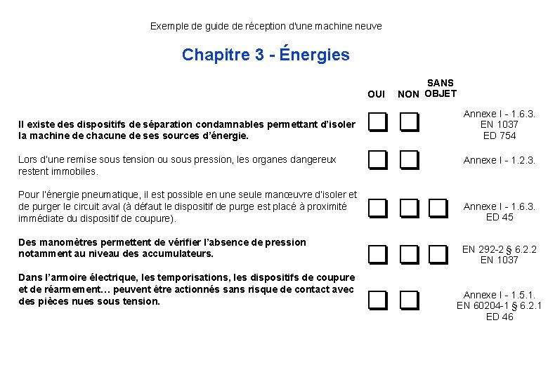 Exemple de guide de réception d'une machine neuve Chapitre 3 - Énergies OUI Il Exemple de guide de réception d'une machine neuve Chapitre 3 - Énergies OUI Il