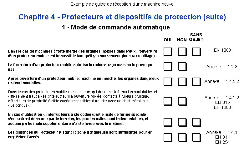 Exemple de guide de réception d'une machine neuve Chapitre 4 - Protecteurs et dispositifs Exemple de guide de réception d'une machine neuve Chapitre 4 - Protecteurs et dispositifs