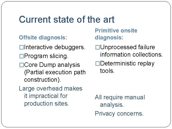 Current state of the art Offsite diagnosis: Primitive onsite diagnosis: �Interactive debuggers. �Unprocessed failure