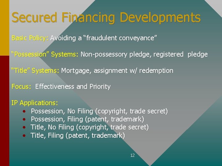 Secured Financing Developments Basic Policy: Avoiding a “fraudulent conveyance” “Possession” Systems: Non-possessory pledge, registered
