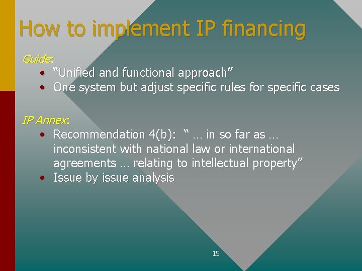 How to implement IP financing Guide: • “Unified and functional approach” • One system