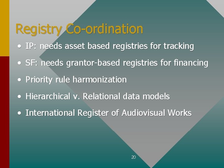 Registry Co-ordination • IP: needs asset based registries for tracking • SF: needs grantor-based