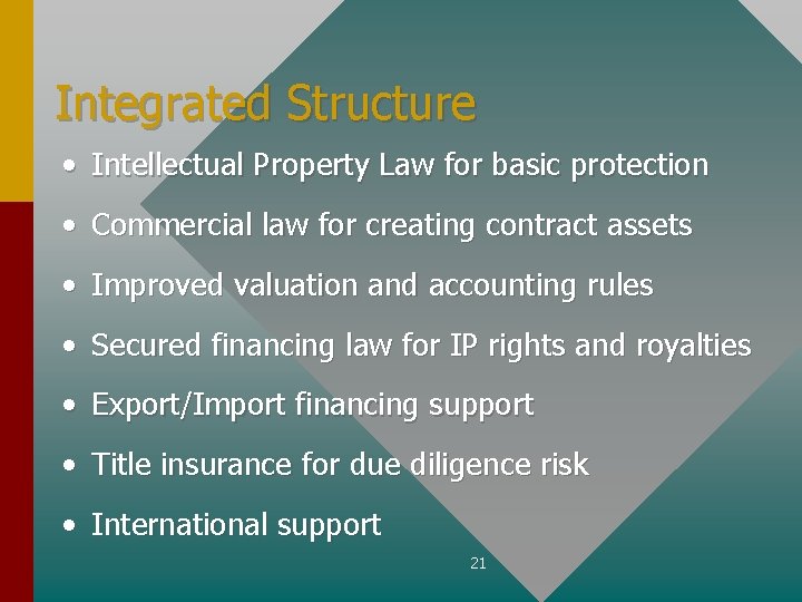 Integrated Structure • Intellectual Property Law for basic protection • Commercial law for creating