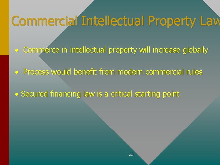 Commercial Intellectual Property Law • Commerce in intellectual property will increase globally • Process