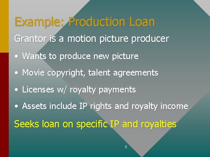 Example: Production Loan Grantor is a motion picture producer • Wants to produce new