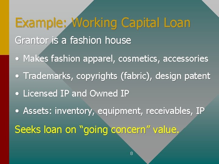 Example: Working Capital Loan Grantor is a fashion house • Makes fashion apparel, cosmetics,