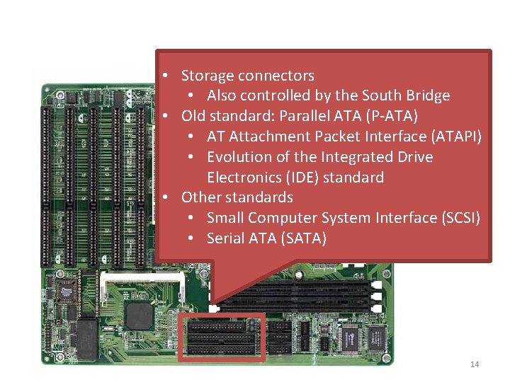  • Storage connectors • Also controlled by the South Bridge • Old standard: