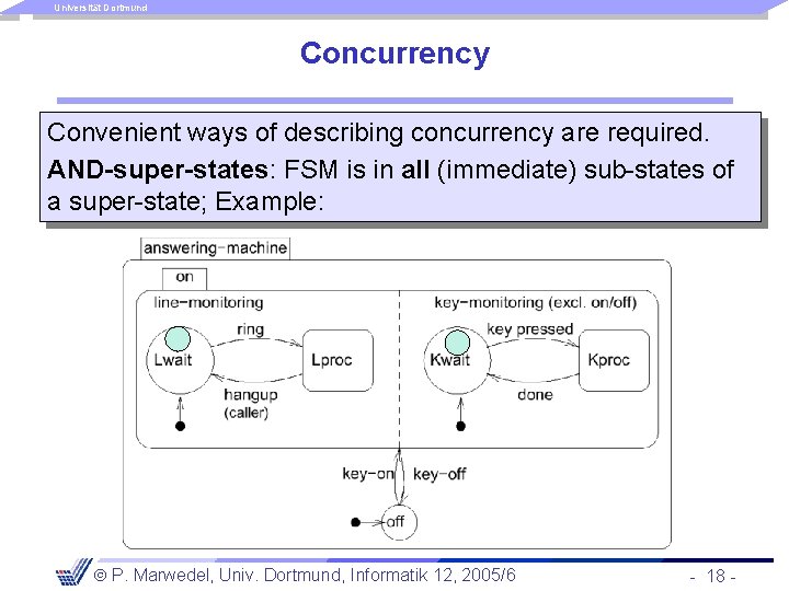 Universität Dortmund Concurrency Convenient ways of describing concurrency are required. AND-super-states: FSM is in
