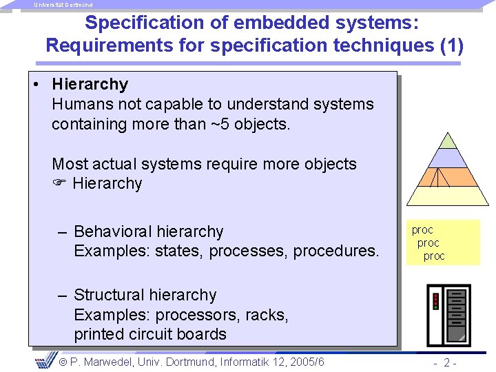 Universität Dortmund Specification of embedded systems: Requirements for specification techniques (1) • Hierarchy Humans