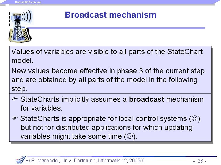 Universität Dortmund Broadcast mechanism Values of variables are visible to all parts of the