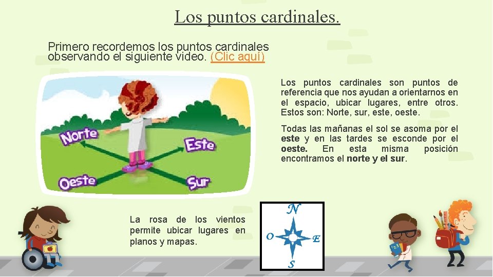 Los puntos cardinales. Primero recordemos los puntos cardinales observando el siguiente video. (Clic aquí)