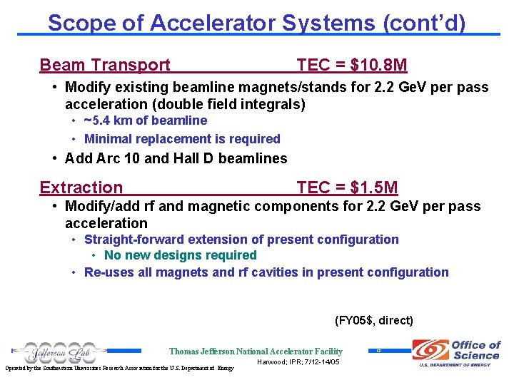 Scope of Accelerator Systems (cont’d) Beam Transport TEC = $10. 8 M • Modify