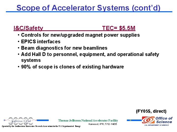Scope of Accelerator Systems (cont’d) I&C/Safety TEC= $5. 5 M • • Controls for