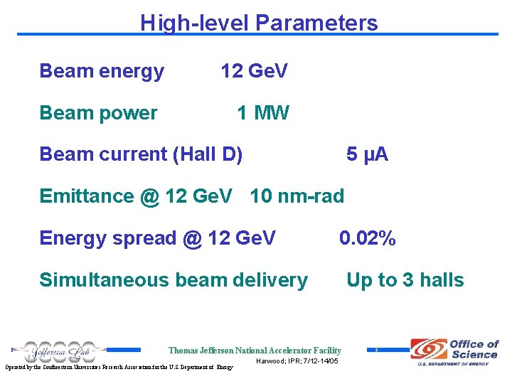 High-level Parameters Beam energy 12 Ge. V Beam power 1 MW Beam current (Hall