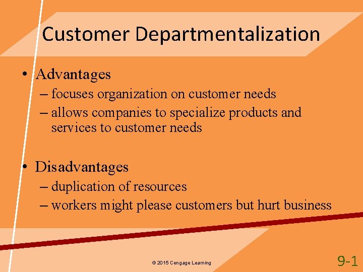 Customer Departmentalization • Advantages – focuses organization on customer needs – allows companies to