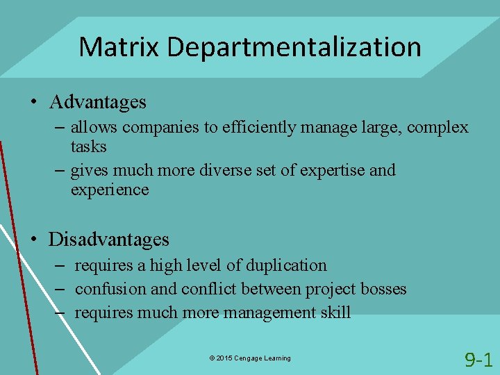 Matrix Departmentalization • Advantages – allows companies to efficiently manage large, complex tasks –