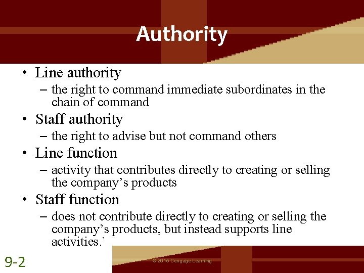 Authority • Line authority – the right to command immediate subordinates in the chain