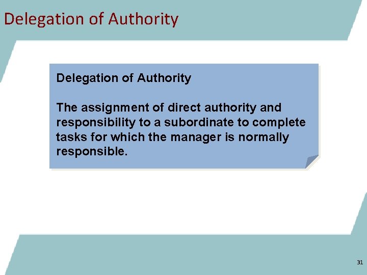 Delegation of Authority The assignment of direct authority and responsibility to a subordinate to