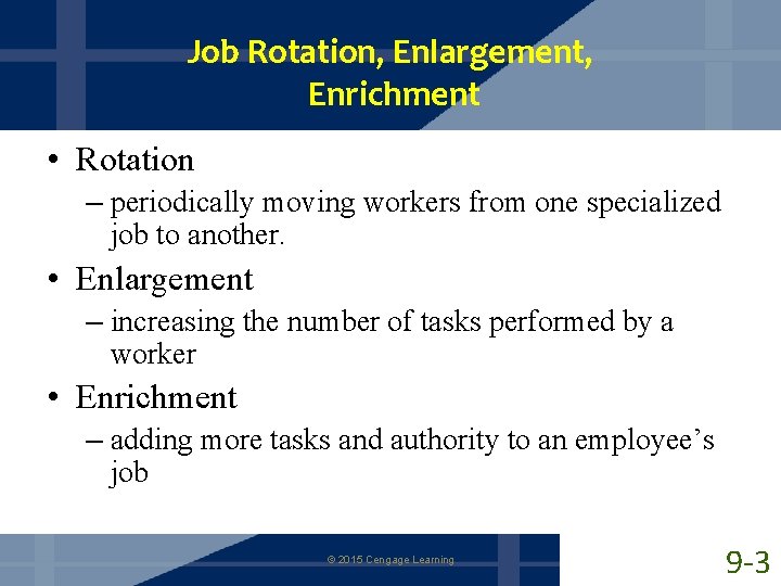 Job Rotation, Enlargement, Enrichment • Rotation – periodically moving workers from one specialized job