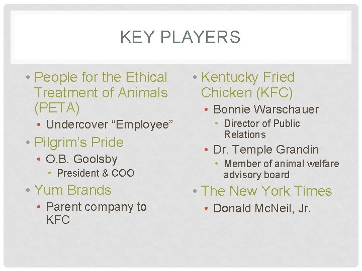 KEY PLAYERS • People for the Ethical Treatment of Animals (PETA) • Undercover “Employee”