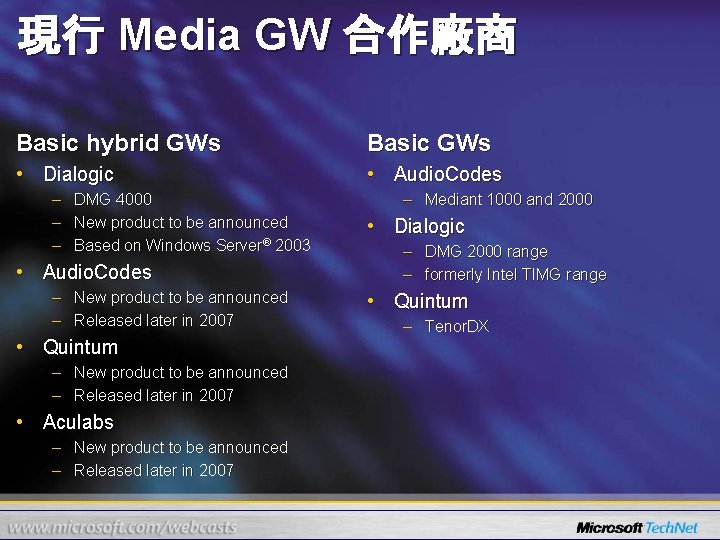 現行 Media GW 合作廠商 Basic hybrid GWs Basic GWs • Dialogic • Audio. Codes