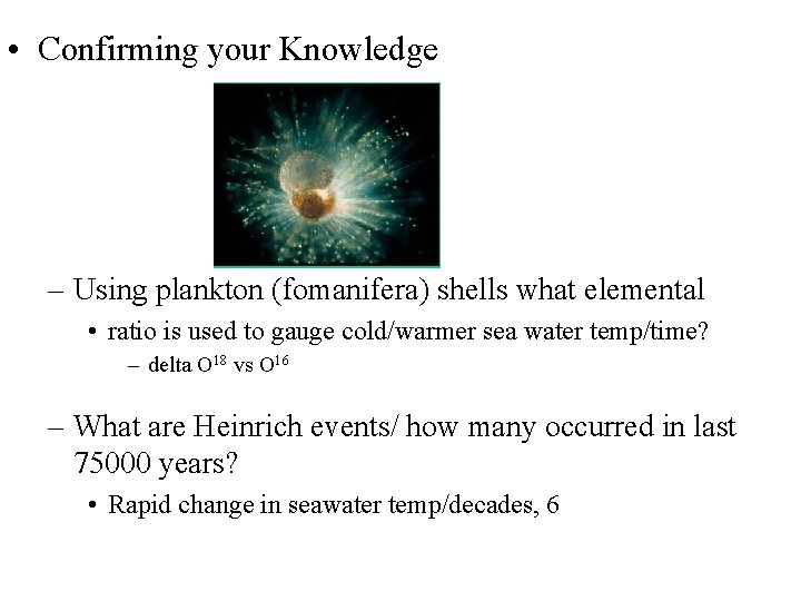  • Confirming your Knowledge – Using plankton (fomanifera) shells what elemental • ratio