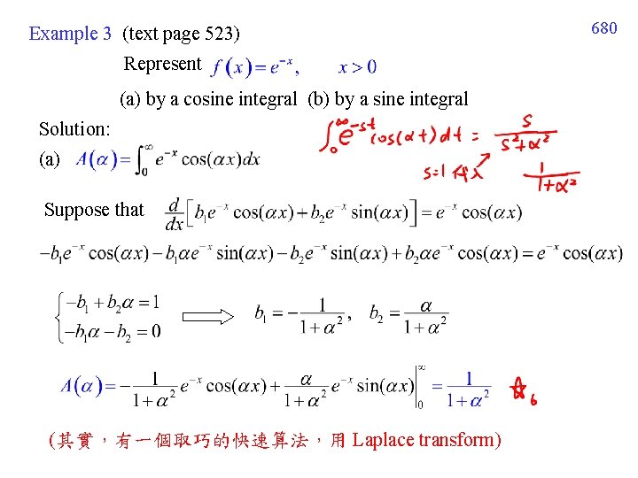 Example 3 (text page 523) Represent (a) by a cosine integral (b) by a Example 3 (text page 523) Represent (a) by a cosine integral (b) by a