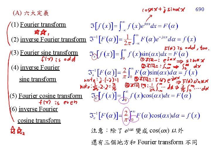 690 (A) 六大定義 (1) Fourier transform (2) inverse Fourier transform (3) Fourier sine transform 690 (A) 六大定義 (1) Fourier transform (2) inverse Fourier transform (3) Fourier sine transform