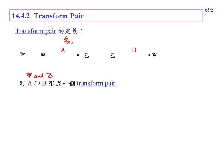 693 14. 4. 2 Transform Pair Transform pair 的定義: 若 甲 A 乙 乙 693 14. 4. 2 Transform Pair Transform pair 的定義: 若 甲 A 乙 乙