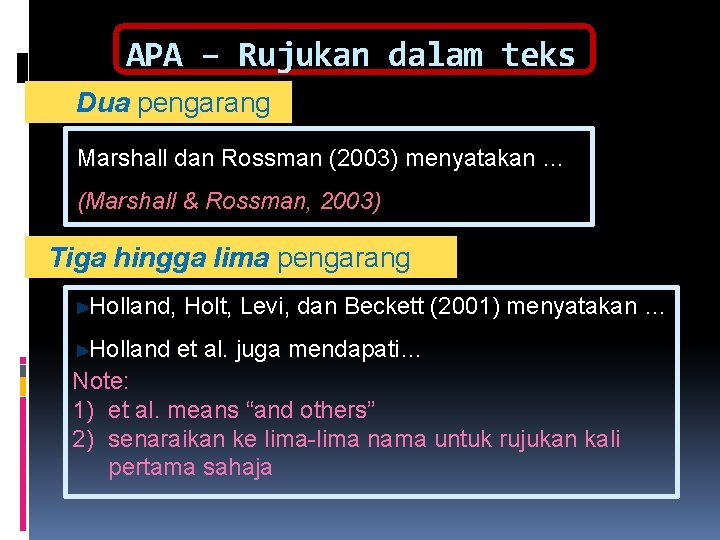 APA – Rujukan dalam teks Dua pengarang Marshall dan Rossman (2003) menyatakan … (Marshall