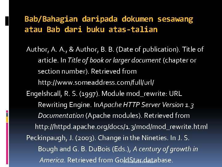 Bab/Bahagian daripada dokumen sesawang atau Bab dari buku atas-talian Author, A. A. , &