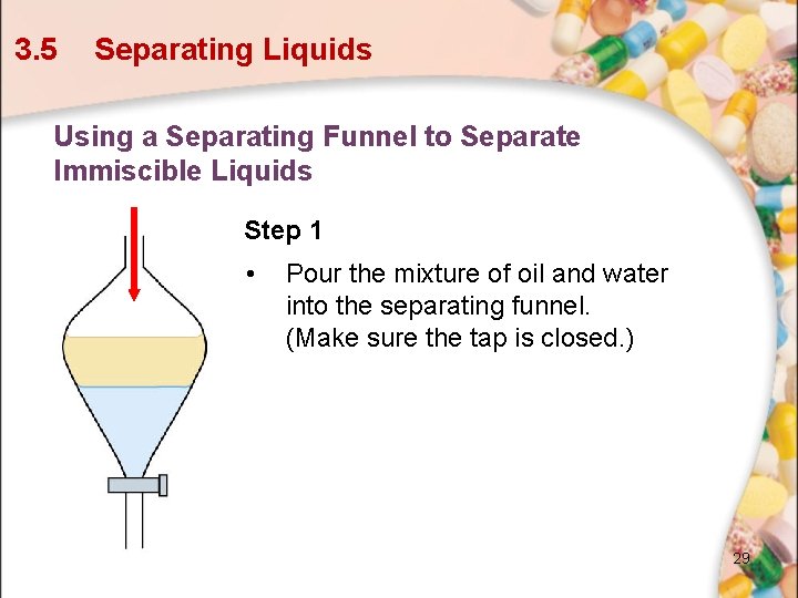 3. 5 Separating Liquids Using a Separating Funnel to Separate Immiscible Liquids Step 1 3. 5 Separating Liquids Using a Separating Funnel to Separate Immiscible Liquids Step 1
