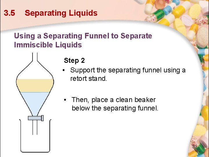 3. 5 Separating Liquids Using a Separating Funnel to Separate Immiscible Liquids Step 2 3. 5 Separating Liquids Using a Separating Funnel to Separate Immiscible Liquids Step 2