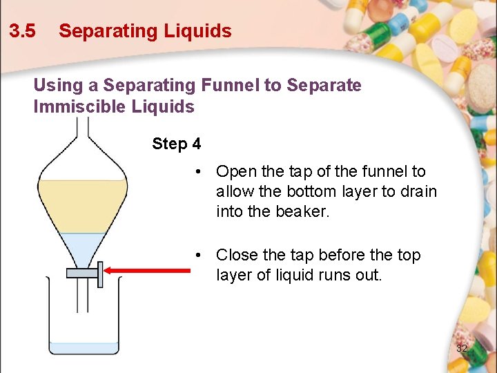 3. 5 Separating Liquids Using a Separating Funnel to Separate Immiscible Liquids Step 4 3. 5 Separating Liquids Using a Separating Funnel to Separate Immiscible Liquids Step 4